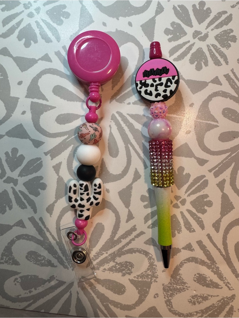Pink Leopard Clip-On Bead Keychain and Pen Set -